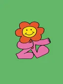 Illustratie van een lachende antropomorfe bloem op groene achtergrond