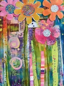 Collageschilderij met grote roze, gele en oranje bloemen met gestippelde middens op een groen-blauwe achtergrond