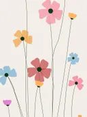 Illustratie van diverse kleurrijke wilde bloemen op dunne steeltjes tegen een crèmekleurige achtergrond.