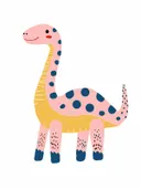 Illustratie van een roze dinosaurus met blauwe stippen, kinderkamer schilderij