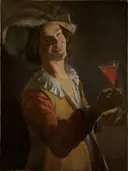 Vrolijke drinker van Judith Leyster: portret met man, wijnglas, verenhoed en lachen, in donker bruin met rood