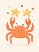 Schilderij van een lachende krab tussen zeesterren
