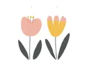 Schilderij met twee grafische tulpen in roze en geel