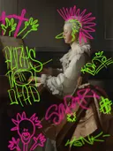 Graffiti-kunstwerk 'Vrouw aan het Klavecimbel Graffiti Editie', klassiek portret met street-art overspoten