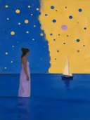 Vrouw aan het water met zeilboot in kobalt en saffraan, landschap schilderij