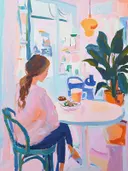 Schilderij van een vrouw die aan een tafel bij het raam zit met een kop thee en een bordje eten.