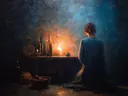 Schilderij van een vrouw van achteren gezien bij kaarslicht aan een tafel