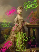 Graffiti-kunstwerk 'Vrouw bij de Balustrade Graffiti Editie', klassiek portret met street-art overspoten