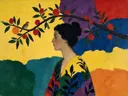 Vrouw bij de bessentak in alle kleuren, botanisch schilderij