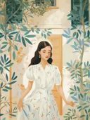 Schilderij van een vrouw in witte jurk tussen olijftakken bij een deuropening