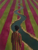 Schilderij van vrouw bij de rivier in magenta en olijf, in vlakke kleurvlakken