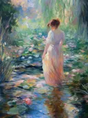 Impressionistisch schilderij van vrouw bij vijver met waterlelies