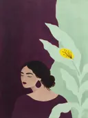 Schilderij van vrouw bij een grote bloem in aubergine en mint, in vlakke kleurvlakken