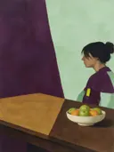 Schilderij van vrouw bij een tafel met fruit in aubergine en mint, in vlakke kleurvlakken