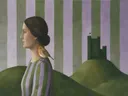 Vrouw bij het kasteel in lila en mosgroen, landschap schilderij