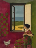 Vrouw bij het open raam in magenta en olijfgroen, stilleven schilderij