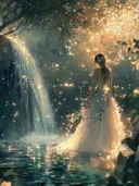 Vrouw in glinsterende jurk bij een waterval omringd door lichtjes en een gouden boom
