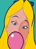 Pop-art portret van een blonde vrouw die een roze kauwgombel blaast