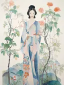 Vrouw in blauwe kimono tussen bloeiende camelia takken.