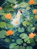 Vrouw drijvend in water tussen oranje lotusbloemen, ogen gesloten.