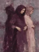 Schilderij: vrouw elkaar in elkaar overlopend, aubergine