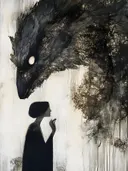 Vrouw in profiel bij grote donkere vogel
