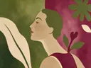 Schilderij van vrouw en profiel in olijfgroen en bordeaux, in vlakke kleurvlakken