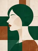 Vrouw en profil in bosgroen, mid-century modern schilderij