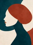 Vrouw en profil in diep zeegroen, mid-century modern schilderij