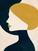 Vrouw en profil in middernachtblauw, mid-century modern schilderij