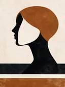 Vrouw en profil in oker, mid-century modern schilderij