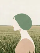 Vrouw en profil in saliegroen, mid-century modern schilderij