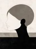 Vrouw en profil in warmgrijs, mid-century modern schilderij