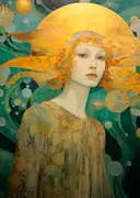 Vrouw met gouden zon en kwallen schilderij, kleurrijk kunstwerk