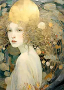 Vrouw met gouden halo schilderij, sereen surrealistisch portret