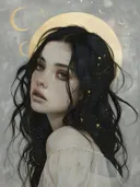 Portret van een vrouw met gouden maan en sterren op de achtergrond