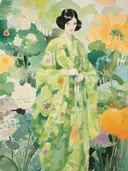 Vrouw in groene kimono met bloemmotief tussen gele en witte bloemen.