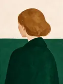 Vrouw half afgewend in bosgroen, mid-century modern schilderij