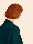 Vrouw half afgewend in diep zeegroen, mid-century modern schilderij