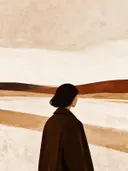 Vrouw half afgewend in sienna, mid-century modern schilderij