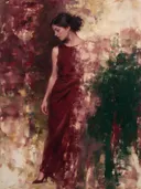 Schilderij: vrouw half opgelost in bordeaux