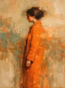 Schilderij: vrouw half opgelost in oranje
