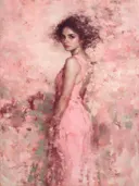 Schilderij: vrouw half opgelost in roze