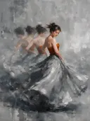 Schilderij: vrouw in beweging, grijs