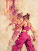 Schilderij: vrouw in beweging, magenta