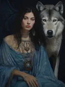 Portret van een vrouw in blauwe kleding naast een grijze wolf.
