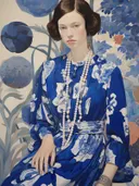 Portret van een vrouw met kort golvend haar in een blauw-witte bloemenjurk met parelkettingen.