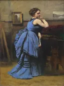 Vrouw in blauwe japon van Jean-Baptiste Camille Corot: portret met vrouw, blauwe jurk, atelier en staand, in diepblauw en bruin
