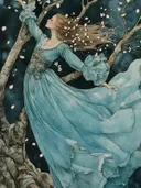 Vrouw in blauwe jurk tussen boomtakken met dwarrelende witte bloesemblaadjes bij nacht