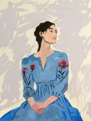 Portret van een vrouw in blauwe jurk met bloemborduring